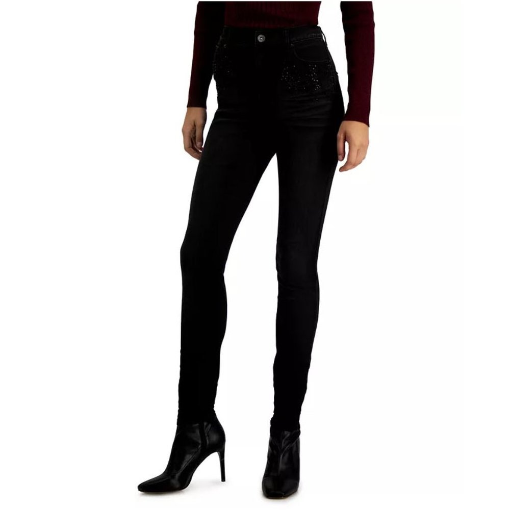 INC International Concepts High-Rise Rhinestone Skinny Jeans - Deep Black